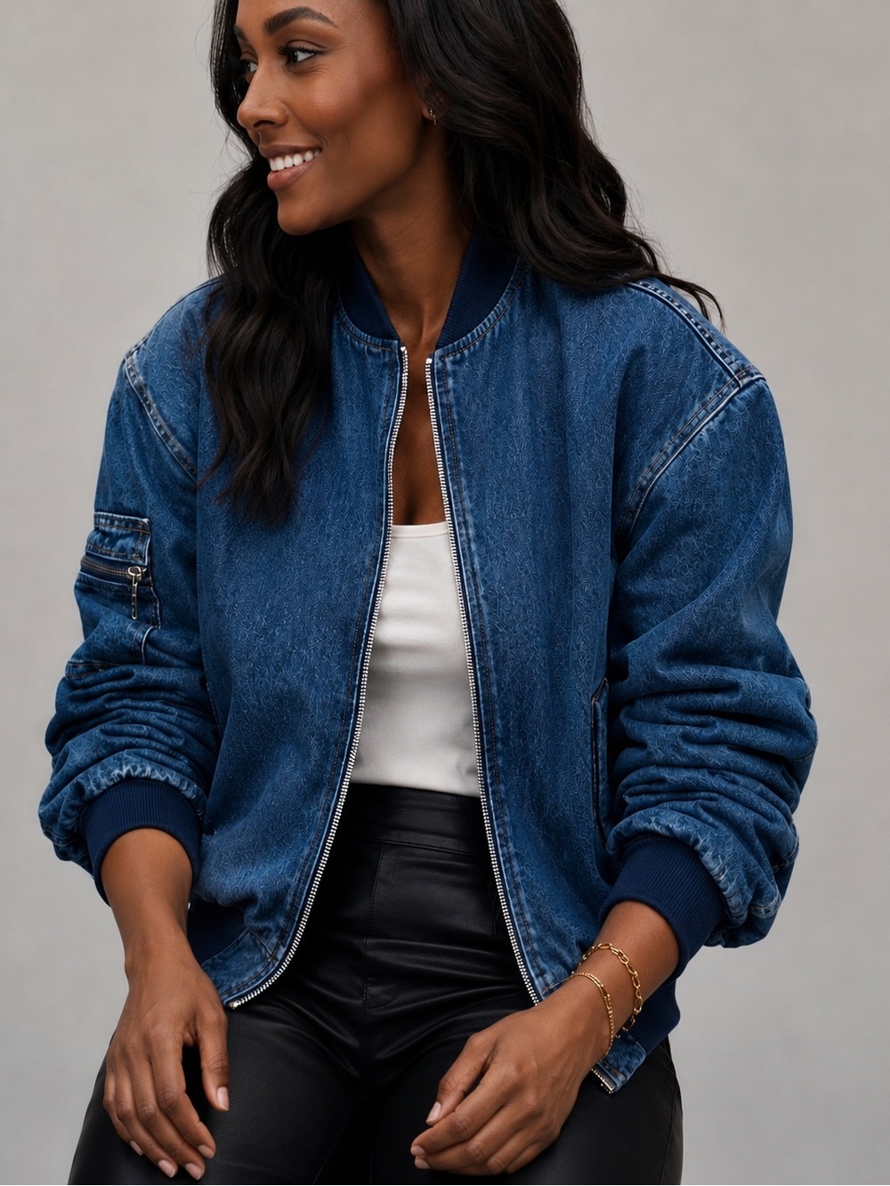 MA-1 Bomber Jacket Quilted Lined Utility Sleeve Zip Blue Medium NWOT.